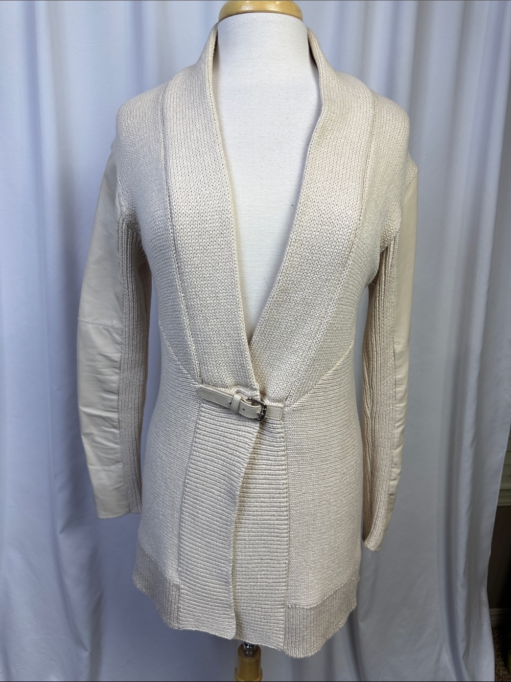 ETC Cream Knit Cardigan with Genuine Leather Trim & Buckle Front, Small